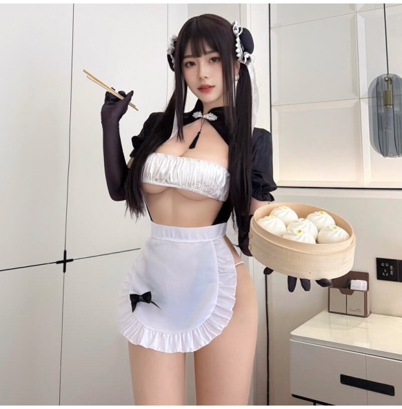 FEE ET MOI - Chinese-Style Maid Crotchless Bodysuit Set (Black - White)
